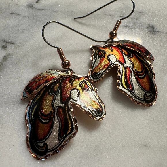 Handmade Boho Copper Feather Estuarian Horse‎ Wire Drop Earrings, Gift Box - Picture 6 of 9